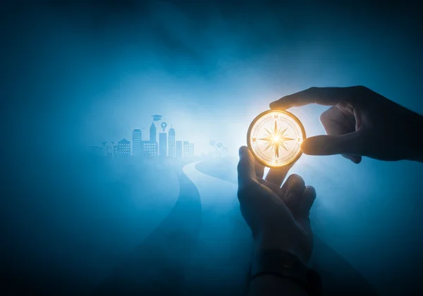Digital compass guiding a person through career paths