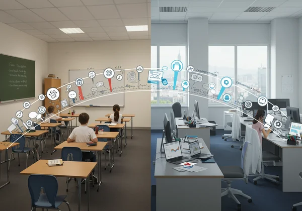 Bridge connecting diverse professional scenes, symbolizing transferable skills