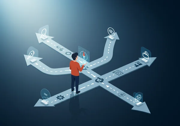 Person at career crossroads seeking direction, guided by a compass