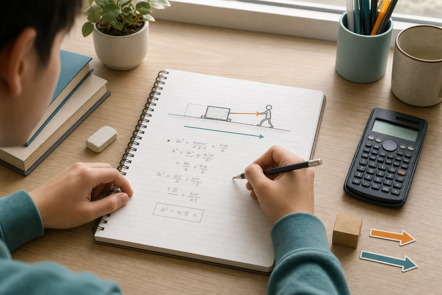 Student solving work formula