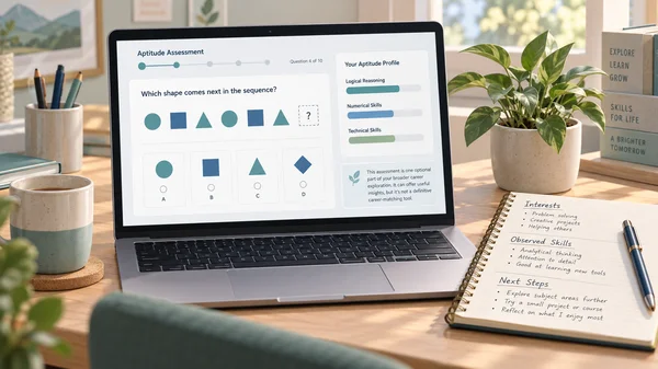 Educational aptitude assessment interface on a laptop